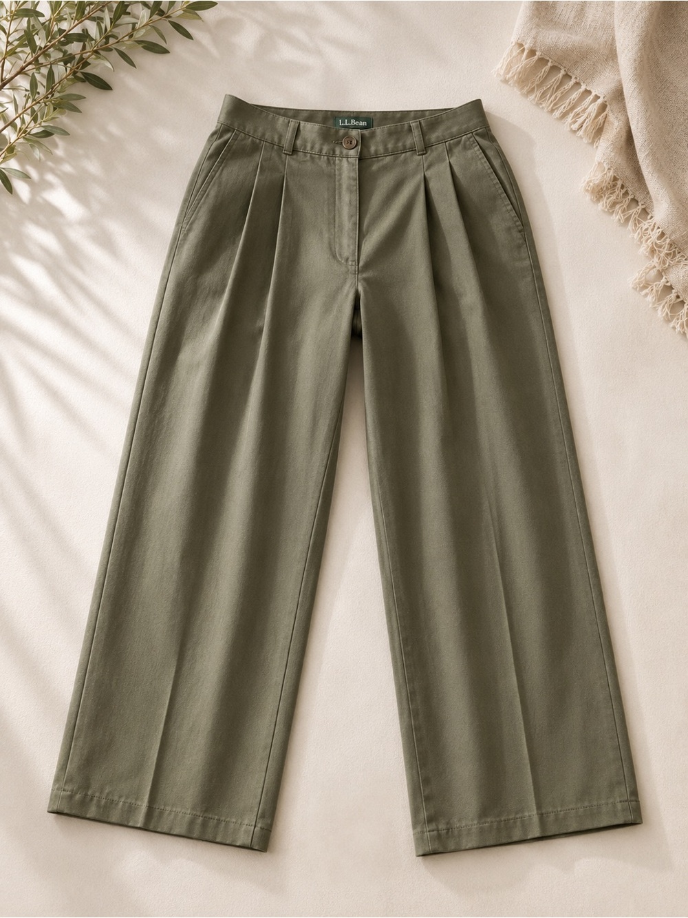 L.L. Bean Olive Green Wide-Leg Pleated Trousers